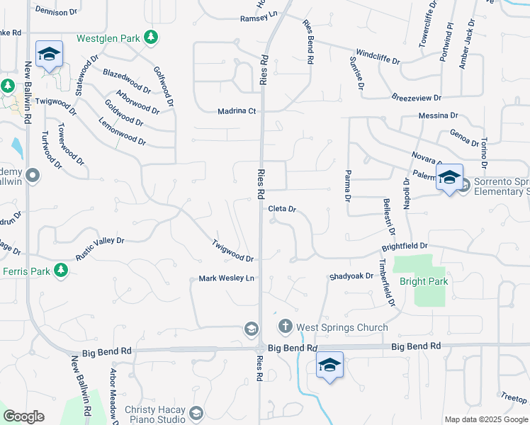 map of restaurants, bars, coffee shops, grocery stores, and more near 903 Cleta Drive in Ballwin