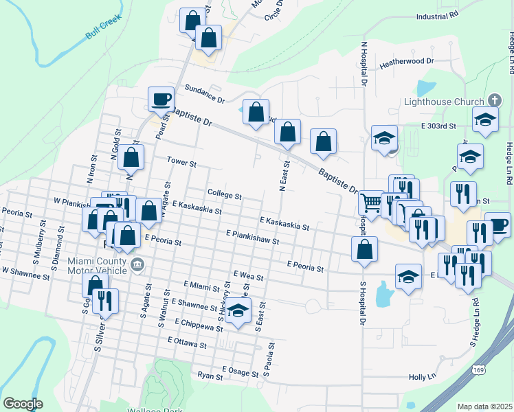 map of restaurants, bars, coffee shops, grocery stores, and more near 208 Castle Street in Paola