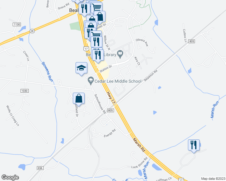 map of restaurants, bars, coffee shops, grocery stores, and more near 6223 Willow Place in Bealeton