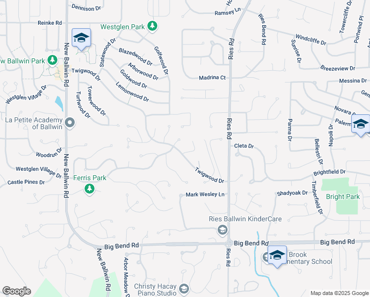 map of restaurants, bars, coffee shops, grocery stores, and more near 463 Down Hill Drive in Ballwin