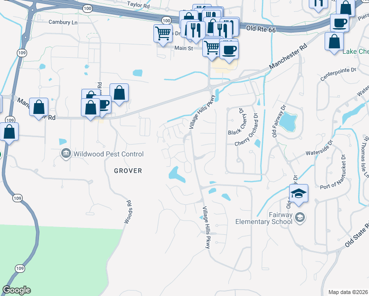 map of restaurants, bars, coffee shops, grocery stores, and more near Victoria Crossing Drive in Wildwood