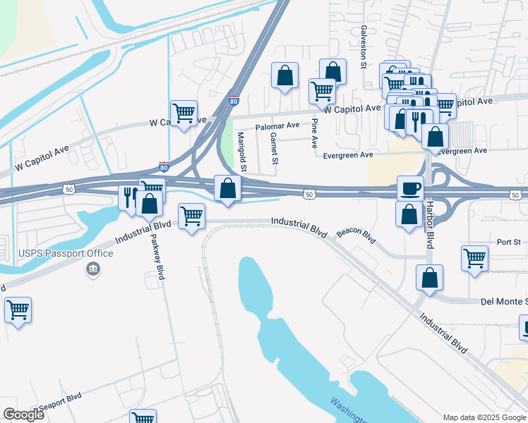 map of restaurants, bars, coffee shops, grocery stores, and more near 3380 Industrial Boulevard in West Sacramento