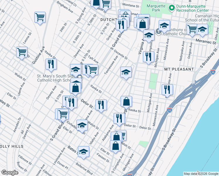 map of restaurants, bars, coffee shops, grocery stores, and more near 4662 Louisiana Ave in St Louis