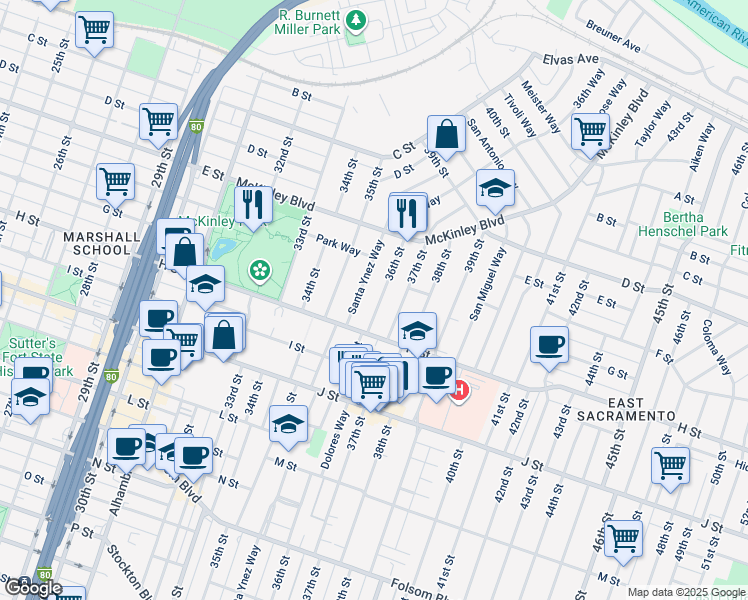 map of restaurants, bars, coffee shops, grocery stores, and more near 640 36th Street in Sacramento