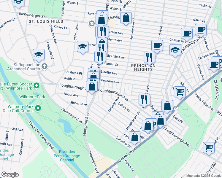 map of restaurants, bars, coffee shops, grocery stores, and more near 6431 Quincy Street in St. Louis
