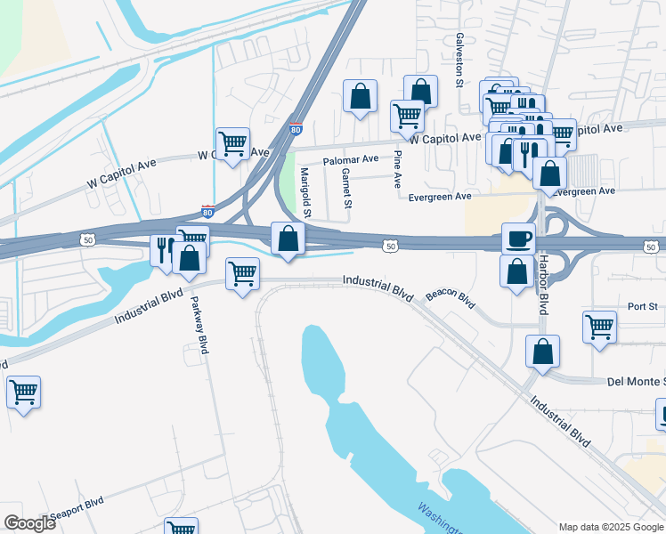 map of restaurants, bars, coffee shops, grocery stores, and more near 3380 Industrial Boulevard in West Sacramento