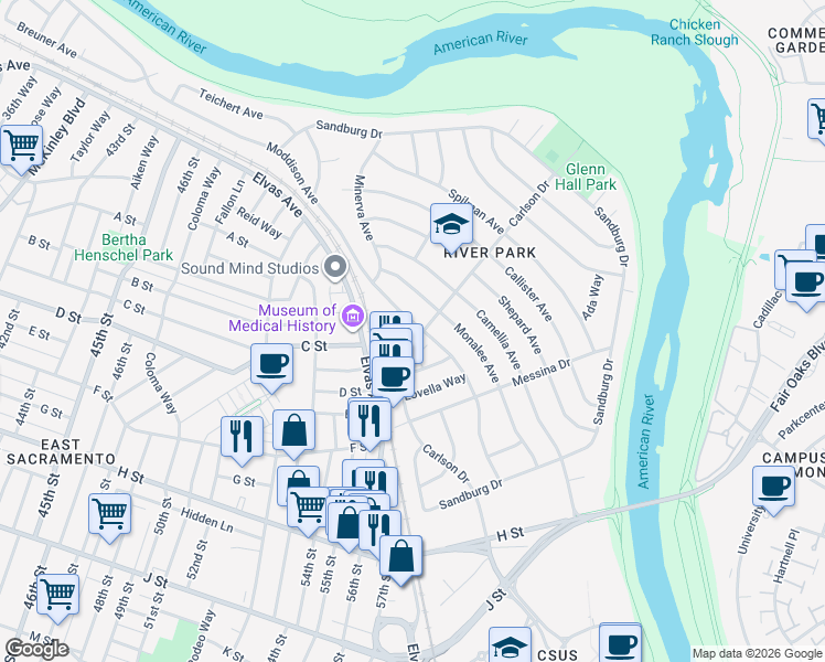map of restaurants, bars, coffee shops, grocery stores, and more near 5481 Carlson Drive in Sacramento