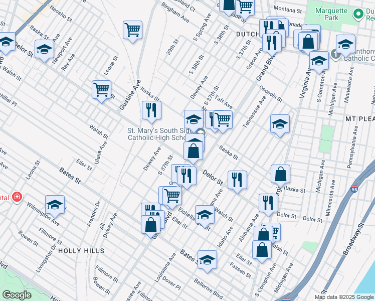 map of restaurants, bars, coffee shops, grocery stores, and more near 4715 South Grand Boulevard in St. Louis