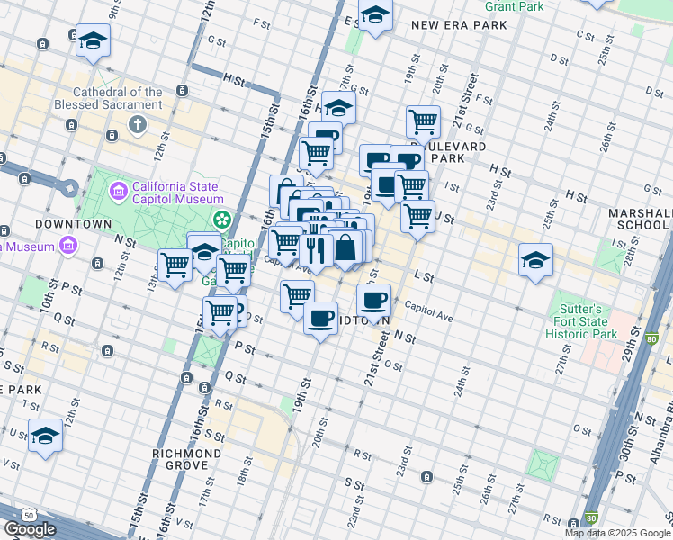 map of restaurants, bars, coffee shops, grocery stores, and more near 1825 Capitol Avenue in Sacramento