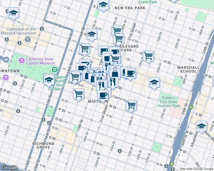 map of restaurants, bars, coffee shops, grocery stores, and more near 2006 L Street in Sacramento