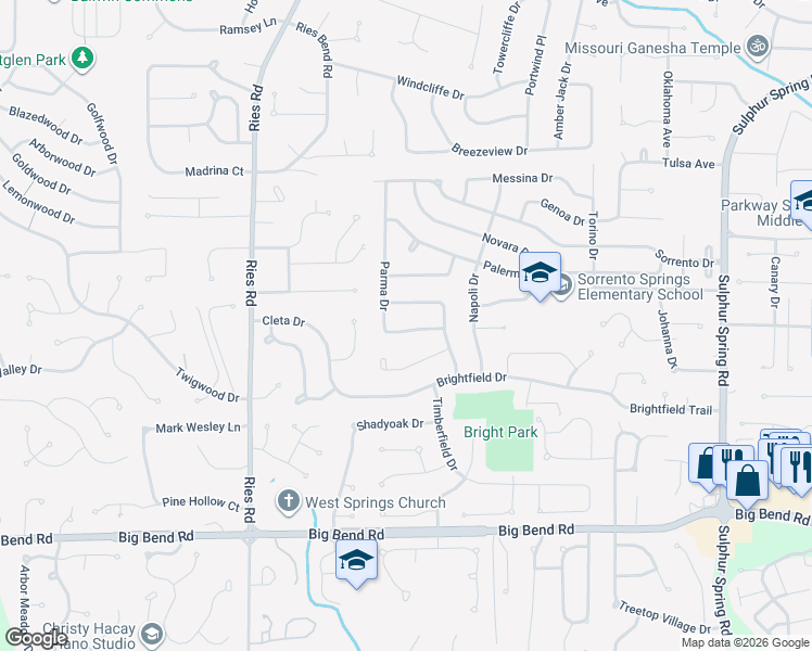 map of restaurants, bars, coffee shops, grocery stores, and more near 348 Parma Drive in Ballwin