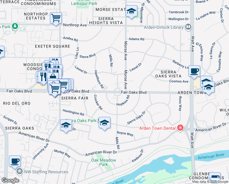 map of restaurants, bars, coffee shops, grocery stores, and more near 3000 Fair Oaks Boulevard in Sacramento