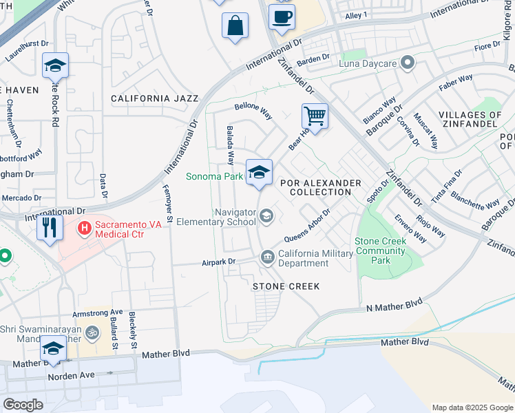 map of restaurants, bars, coffee shops, grocery stores, and more near Bear Hollow Drive in Rancho Cordova