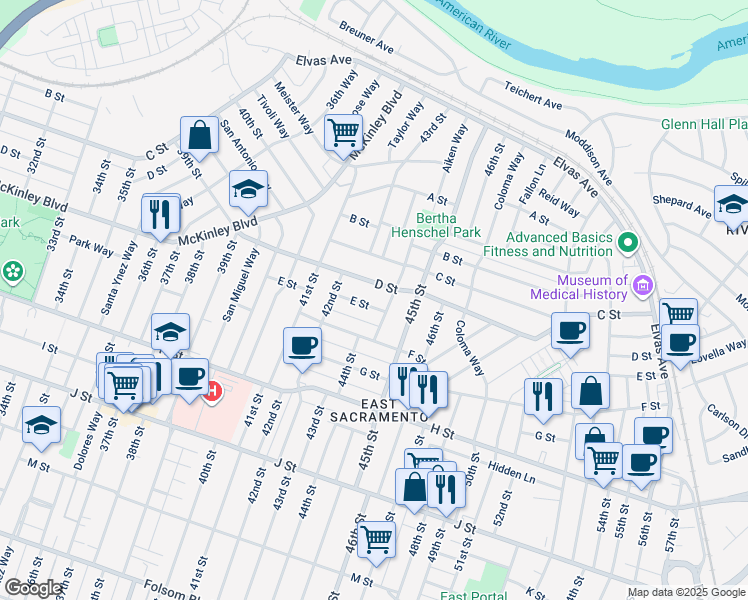 map of restaurants, bars, coffee shops, grocery stores, and more near 4401 E Street in Sacramento
