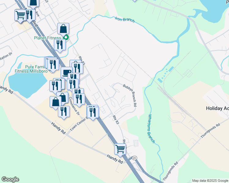 map of restaurants, bars, coffee shops, grocery stores, and more near 112 Lauras Court in Millsboro