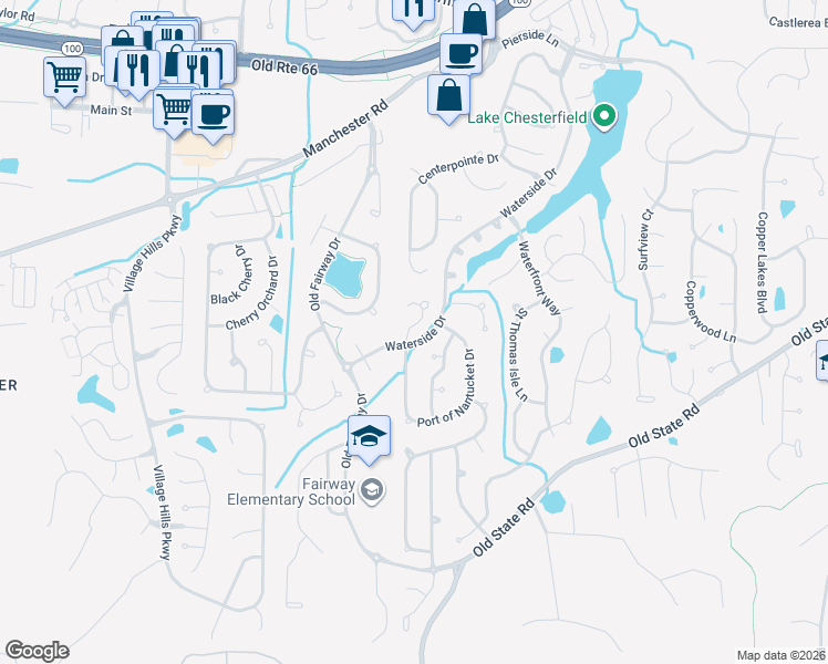 map of restaurants, bars, coffee shops, grocery stores, and more near 16304 Nantucket Sound Court in Wildwood