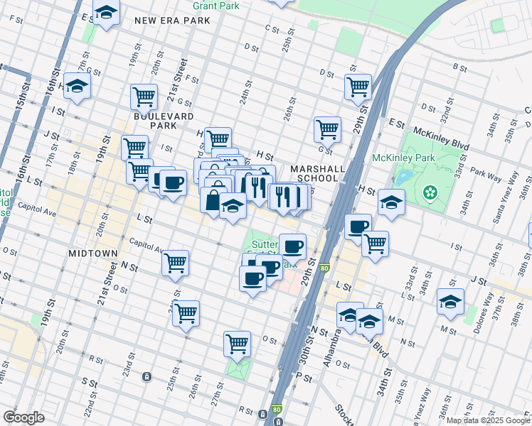 map of restaurants, bars, coffee shops, grocery stores, and more near 2612 J Street in Sacramento