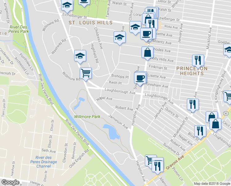 map of restaurants, bars, coffee shops, grocery stores, and more near 6210 Loughborough Avenue in St. Louis