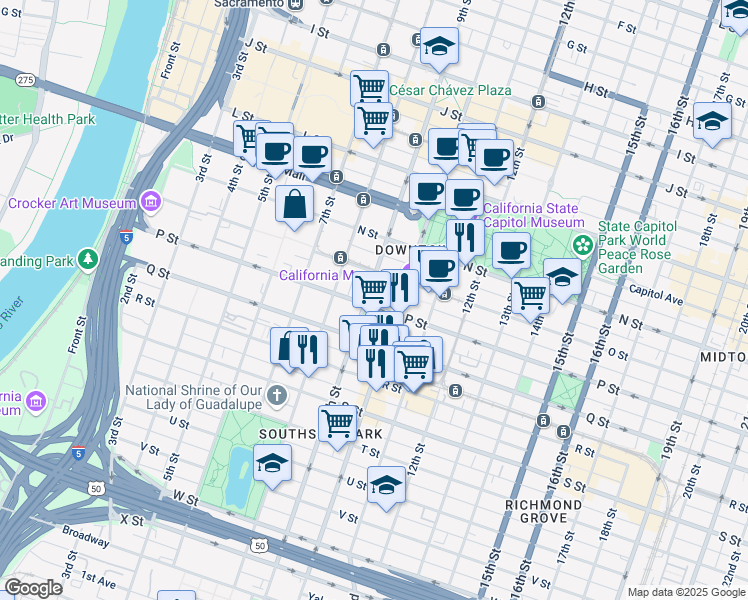 map of restaurants, bars, coffee shops, grocery stores, and more near 901 P Street in Sacramento