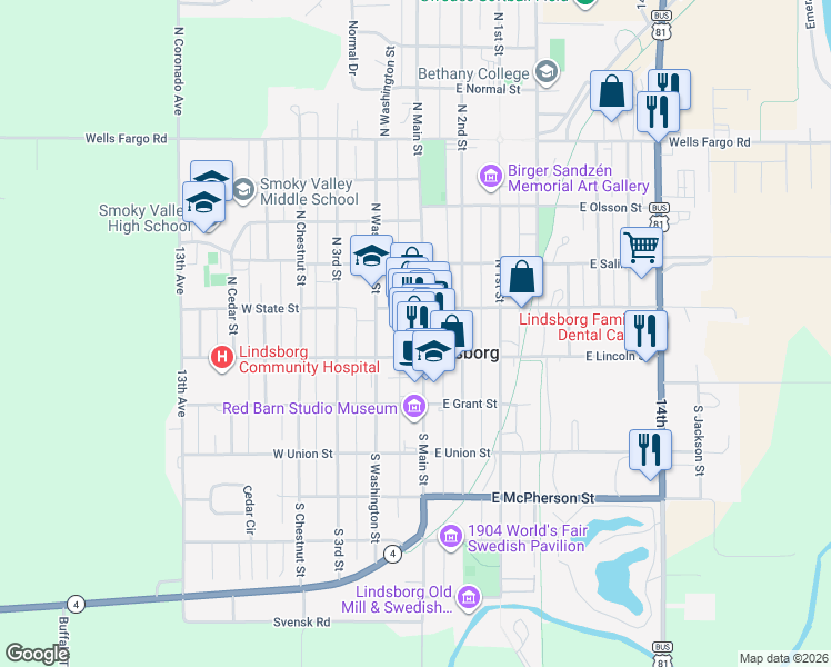 map of restaurants, bars, coffee shops, grocery stores, and more near 119 North Main Street in Lindsborg