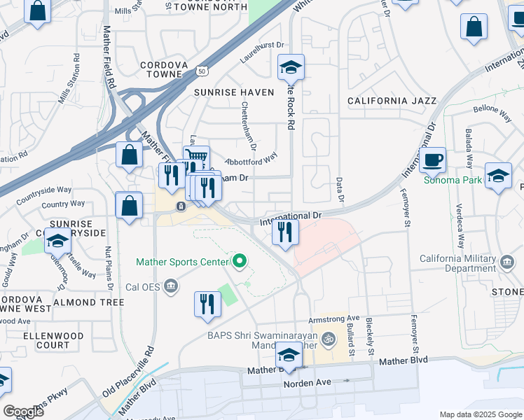 map of restaurants, bars, coffee shops, grocery stores, and more near 10460 El Mercado Drive in Rancho Cordova