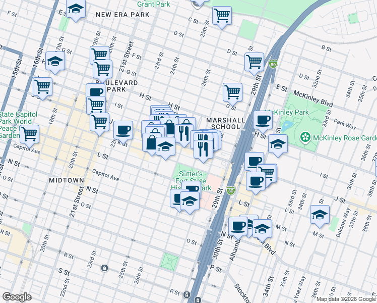 map of restaurants, bars, coffee shops, grocery stores, and more near 2612 J Street in Sacramento