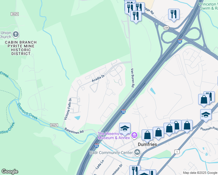 map of restaurants, bars, coffee shops, grocery stores, and more near 4071 Yellow Stone Loop in Dumfries