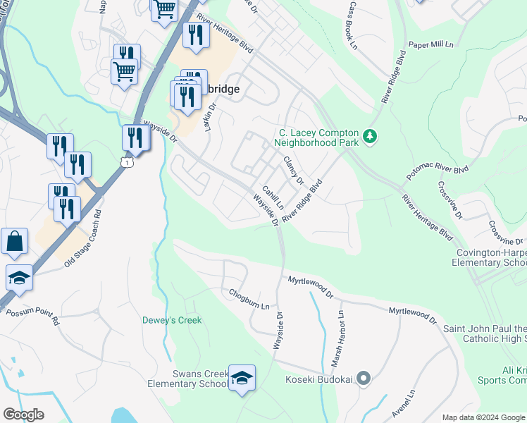 map of restaurants, bars, coffee shops, grocery stores, and more near 3037 Antrim Circle in Dumfries