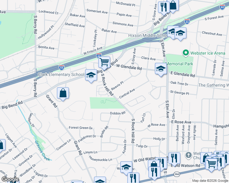 map of restaurants, bars, coffee shops, grocery stores, and more near 1120 South Rock Hill Road in St. Louis