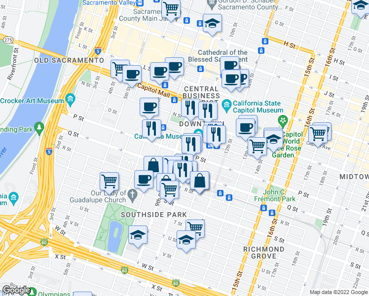 map of restaurants, bars, coffee shops, grocery stores, and more near 915 P St in Sacramento