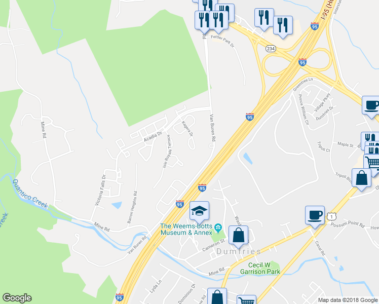 map of restaurants, bars, coffee shops, grocery stores, and more near 17438 Kagera Drive in Dumfries