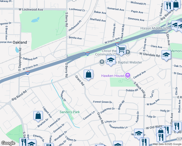 map of restaurants, bars, coffee shops, grocery stores, and more near 73 Webster Woods Drive in Webster Groves