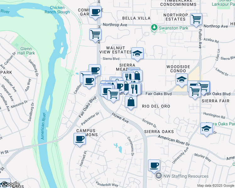 map of restaurants, bars, coffee shops, grocery stores, and more near 2244 Fair Oaks Blvd in Sacramento
