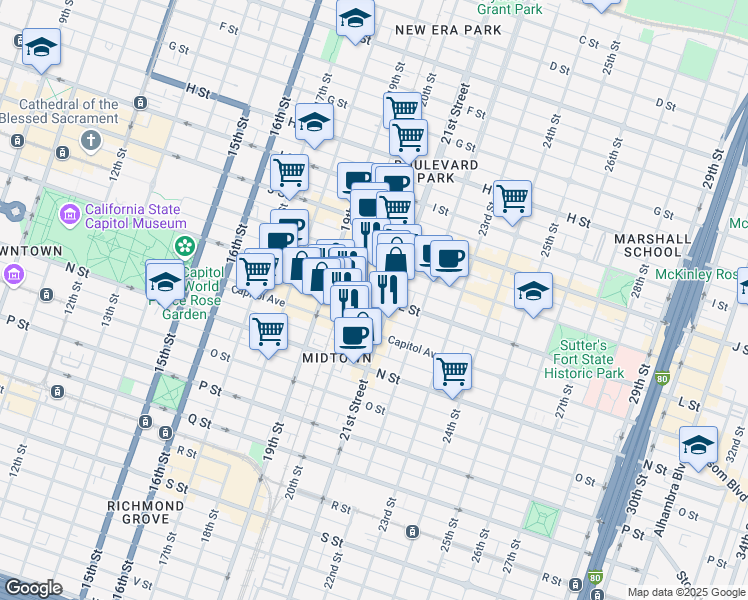 map of restaurants, bars, coffee shops, grocery stores, and more near 2006 L Street in Sacramento