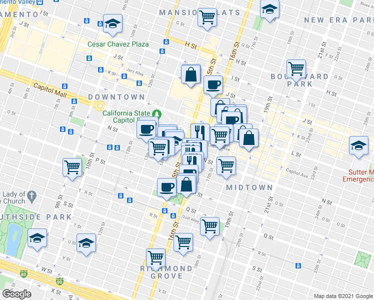map of restaurants, bars, coffee shops, grocery stores, and more near 1513 N Street in Sacramento