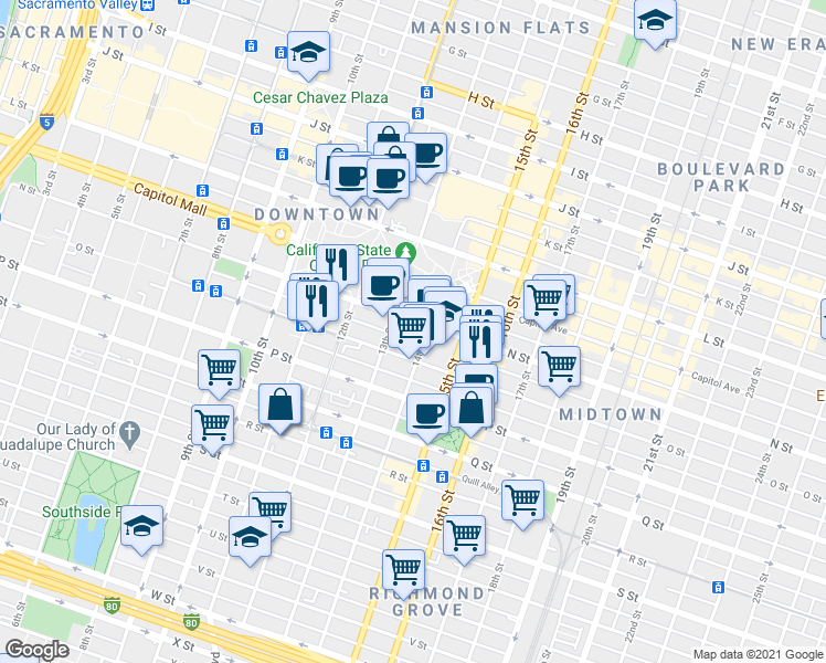 map of restaurants, bars, coffee shops, grocery stores, and more near 1419 13th Street in Sacramento