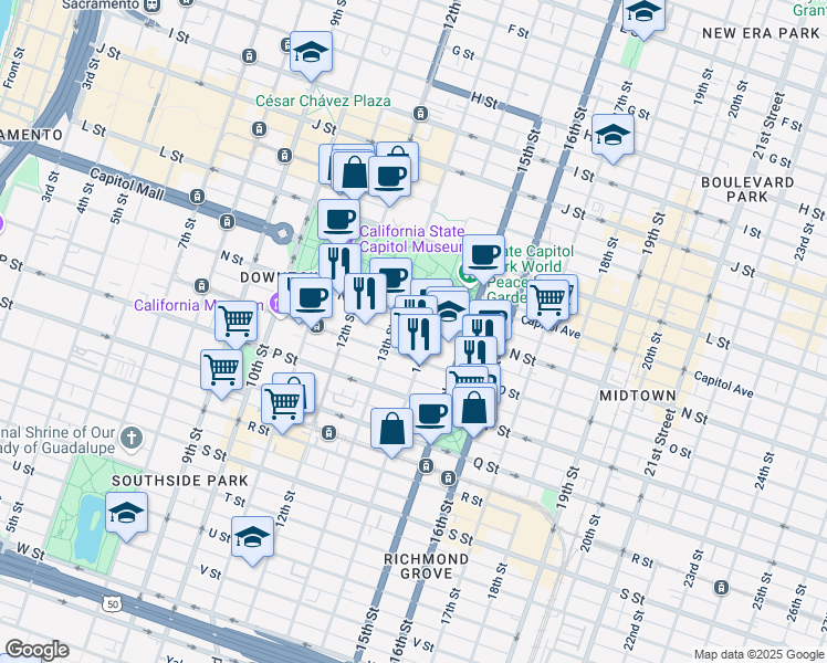 map of restaurants, bars, coffee shops, grocery stores, and more near 1419 13th Street in Sacramento