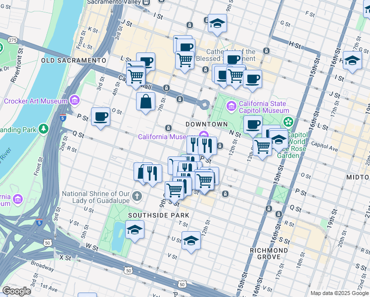 map of restaurants, bars, coffee shops, grocery stores, and more near 915 P Street in Sacramento