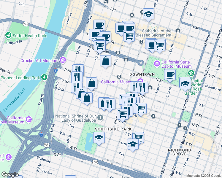 map of restaurants, bars, coffee shops, grocery stores, and more near 714 P Street in Sacramento