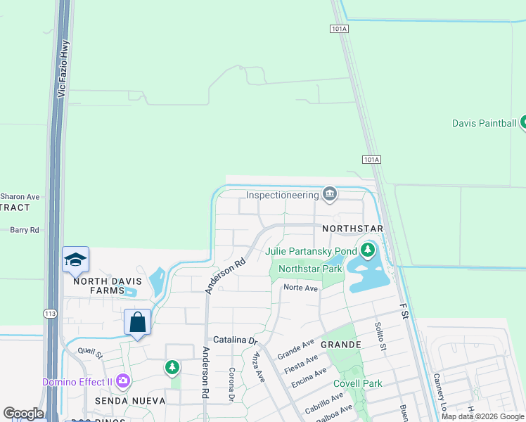 map of restaurants, bars, coffee shops, grocery stores, and more near 527 Waxwing Place in Davis