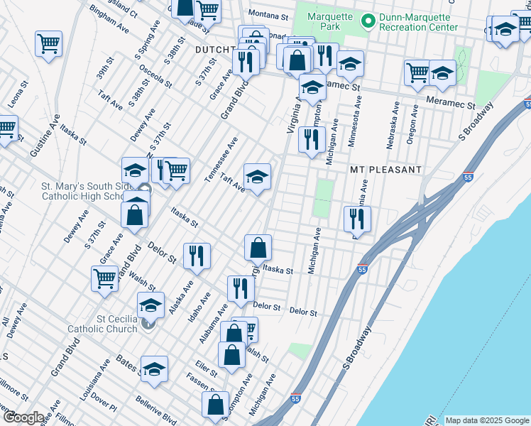 map of restaurants, bars, coffee shops, grocery stores, and more near 4542 Virginia Avenue in St. Louis