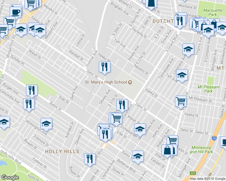 map of restaurants, bars, coffee shops, grocery stores, and more near 5018 Dewey Avenue in St. Louis