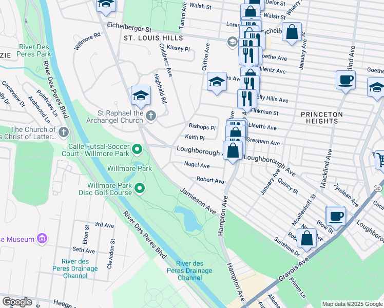 map of restaurants, bars, coffee shops, grocery stores, and more near 6210 Loughborough Avenue in St. Louis