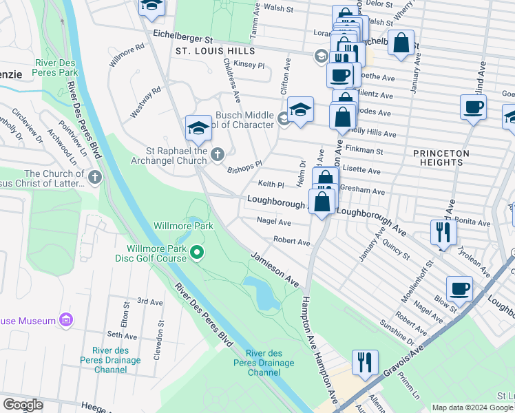 map of restaurants, bars, coffee shops, grocery stores, and more near 6255-6257 Nagel Avenue in St. Louis