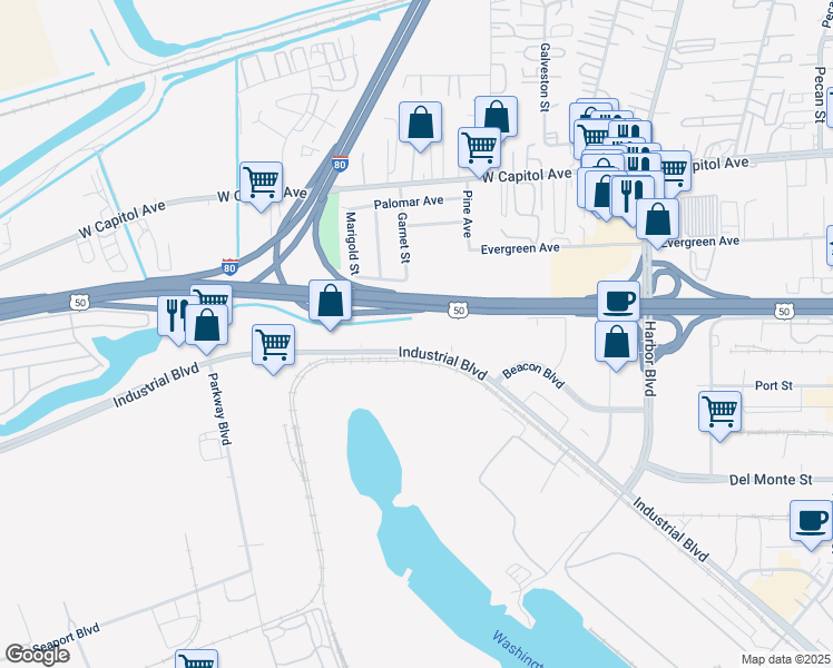 map of restaurants, bars, coffee shops, grocery stores, and more near 3300 Industrial Boulevard in West Sacramento