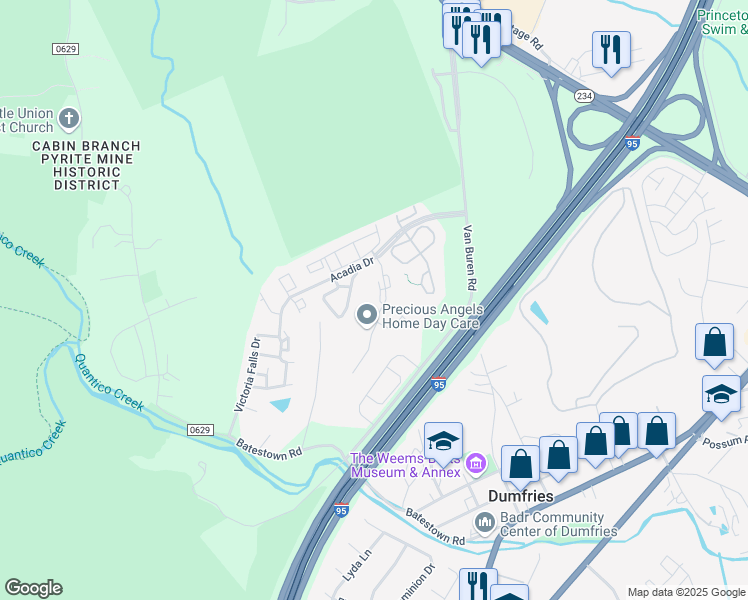 map of restaurants, bars, coffee shops, grocery stores, and more near 17450 Isle Royale Terrace in Dumfries