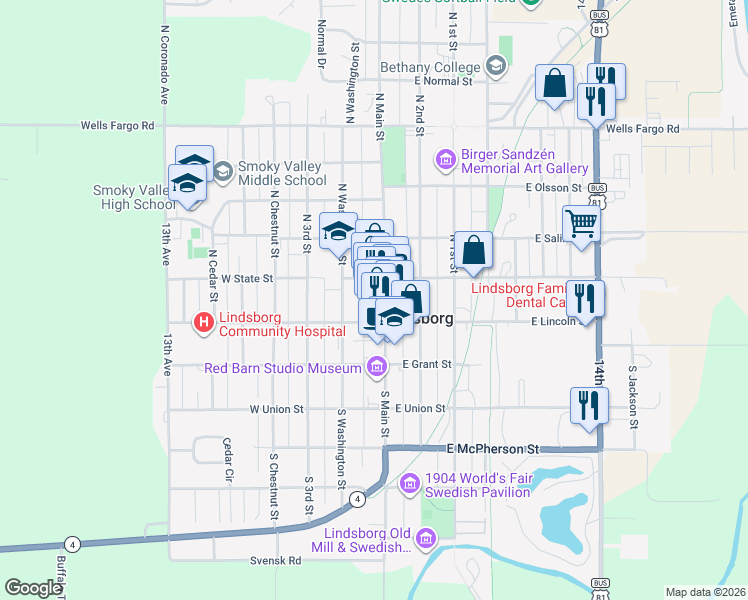 map of restaurants, bars, coffee shops, grocery stores, and more near 119 N Main St in Lindsborg