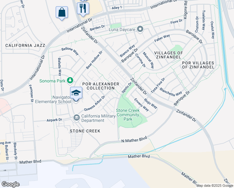 map of restaurants, bars, coffee shops, grocery stores, and more near 3560 Spoto Drive in Rancho Cordova