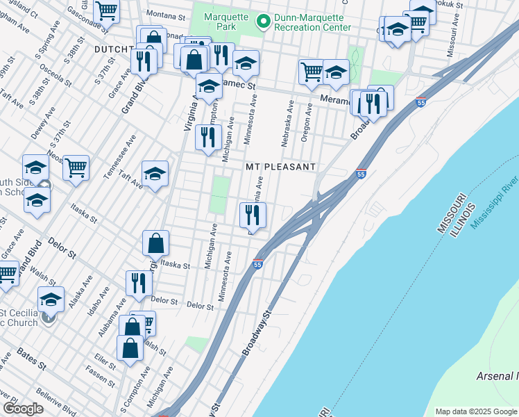 map of restaurants, bars, coffee shops, grocery stores, and more near 4508 Pennsylvania Avenue in St. Louis