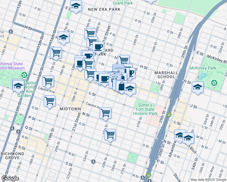 map of restaurants, bars, coffee shops, grocery stores, and more near 2318 K Street in Sacramento